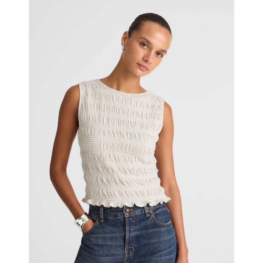 Madewell | NWOT Smocked Boatneck Tank Tan White Stripe Cotton Linen | Sz S